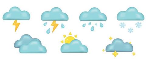 Weather emoji icon set. Weather forecast. Thunder, blizzard, rain, cloudy, sunny weather symbols. Vector illustrations