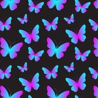 Glowing neon butterflies seamless pattern. Colorful holographic gradient design on black background vector