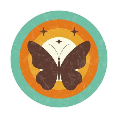 Vector butterfly silhouette in retro style with grunge texture. Groovy print for graphic tee. Template for poster, sticker, banner, t-shirt, icon, label, flyer, badge