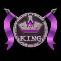 Gui stone KING app icon, round rock crown with spears for ui games. Vector illustration royal banner with purple ribbons for graphic design.