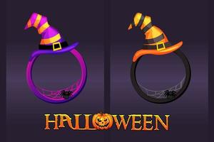 Halloween frames with hat, round avatars blank for game design. Vector illustration festive frames with spider web for ui.