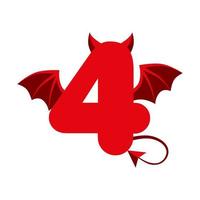 Devil red 4 number with wings for ui games.. Scary dark cartoon demon four. vector