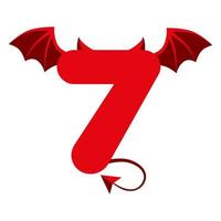 Devil red 7 number with wings for ui games.. Scary dark cartoon demon seven. vector