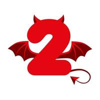 Devil red 2 numbers with wings for ui games.. Scary dark cartoon demon two. vector