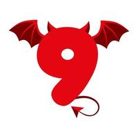 Devil red 9 number with wings for ui games. Scary dark cartoon demon nine. vector