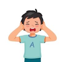 cute little boy not listening covering and shut his ears from noisy loud sound showing angry facial expression vector