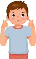 Cute little boy not listening plugging and covering his ears with fingers from noisy loud sound showing annoyed facial expression vector
