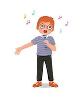 happy little boy singing a song with a microphone vector