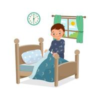 cute little boy making bed arranging pillow and bed cover neat doing his housework chores in the morning at home vector