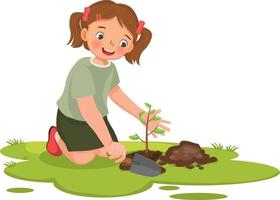 cute little girl with shovel planting young tree seedlings in the garden vector