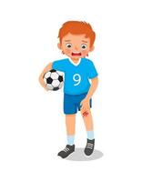 cute little boy has a knee injury crying holding his scratch bleeding leg with bruises after an accident fell down when playing soccer vector