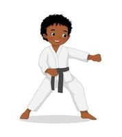 cute little karate kid African boy with black belt showing hand punching attack techniques poses in martial art training practice vector