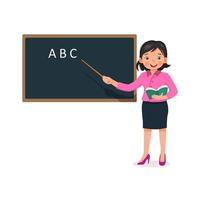 Young female teacher holding a stick pointer standing in front of class teaching on lesson at blackboard vector