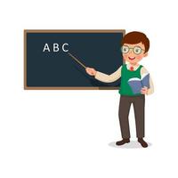 Young male teacher holding a stick pointer standing in front of class teaching on lesson at blackboard vector