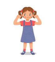 Cute little girl not listening plugging and covering her ears with fingers from noisy loud sound showing annoyed facial expression vector