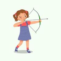 happy cute little girl with bow and arrow doing archery sport aiming ready to shoot vector