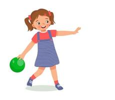 cute little girl playing bowling in the sport club ready to throw the ball vector