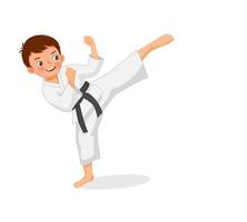 cute little karate kid boy with black belt showing kicking attack techniques poses in martial art training practice