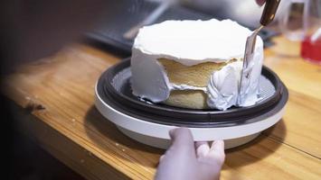 Lady making cream cake - people with homemade bakery concept photo