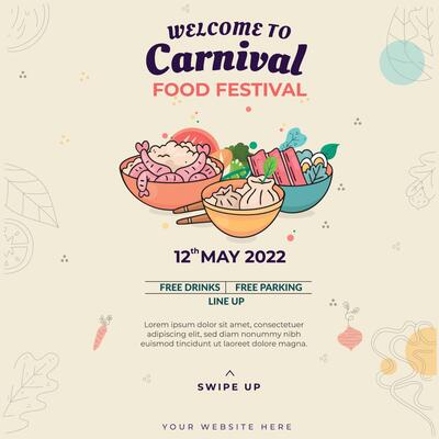 Carnival Food Festival poster design template. Fast Food, Drink, Dessert, Steak, Burger.