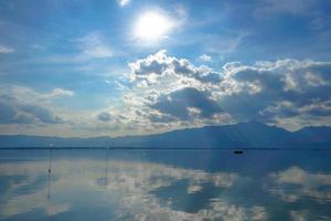 Kwan Phayao a lake in Phayao province, the North of Thailand. Shooting with the rule of thirds between river, cloud, and sky. photo