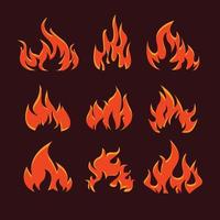 llamas de fuego, bola de fuego brillante, fuego salvaje de calor y hoguera al rojo vivo, fogata, llamas de fuego rojas aisladas conjunto de ilustraciones vectoriales. forma animada y cuadrado, bola de fuego y llama, colección de etiquetas de llama vector