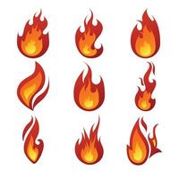 Fire flames, bright fireball, heat wildfire and red hot bonfire, campfire, red fiery flames isolated vector illustration set. Animated form and square, fireball and flame, flame labels collection