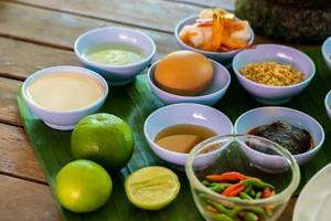Local and traditional Ingredient for Yum Hua Plee Banana blossom salad, is prepared to cook the Thai food. photo