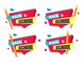 Back to school sign with a pencil, paper airplane and stars. Red background. Graphic design. vector