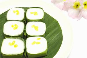 Thai pudding with coconut topping, traditional dessert over white background with pink flower photo