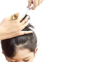 un niño se corta el pelo con un peluquero aislado sobre fondo blanco foto