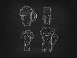 Oktoberfest 2022 - Beer Festival. Hand-drawn set of Doodle Elements. German Traditional holiday. Glass beer mugs on a black chalk board. vector