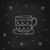 Cup of tea or coffee with a snowflakes on a black chalk board. Vector illustration in doodle style. Winter mood. Hello 2023. Merry Christmas and Happy New Year.