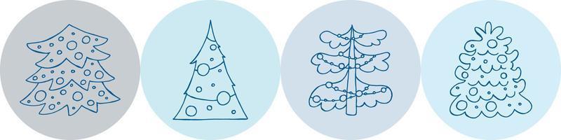 A set of hand-drawn christmas trees. Vector illustration in doodle style. Winter mood. Hello 2023. Merry Christmas and Happy New Year. Blue elements on a blue background.