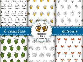 Set seamless patterns. Oktoberfest 2022 - Beer Festival. Hand-drawn Doodle elements. Color and stroke patterns with round logo, beer mugs and text. The inscription in German - welcome to Oktoberfest. vector