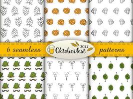 Set of seamless patterns. Oktoberfest 2022 - Beer Festival. Hand-drawn Doodle elements. German Traditional holiday. Color and stroke patterns with lettering, beer mug and wheat ears.