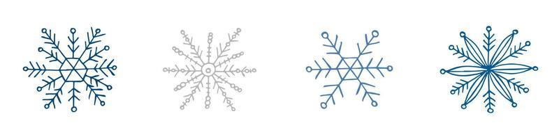 A set of hand-drawn snowflakes. Vector illustration in doodle style. Winter mood. Hello 2023. Merry Christmas and Happy New Year. Blue and gray elements on a white background.