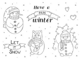 Set of cute snowmen on a white background. Vector illustration in doodle style. Winter mood. Hello 2023. Merry Christmas and Happy New Year.