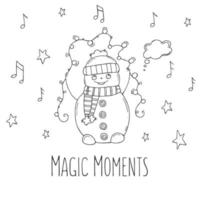 Cute snowman with stars and notes on a white background. Vector illustration in doodle style. Winter mood. Hello 2023. Merry Christmas and Happy New Year.