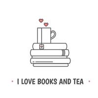 Pile of books and coffee or tea cup with heart symbols. I love books and tea quote vector