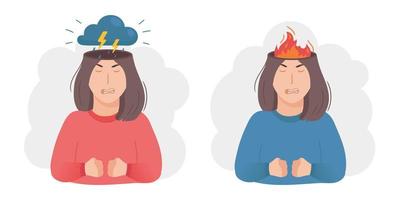 Inside woman head concept. Anger aggression metaphor. Thunderstorm, dark cloud and lightning or burning fire instead of brain. Negative mood and bad temper. Vector illustration isolated on white