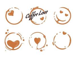 Collection of coffee cup round stains shaping smiles and smiling faces. Good mood concept. Vector drops and splashes on white.