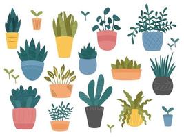 Set of indoor and outdoor decorative garden potted plants. Collection of flower pots of different shapes. Hand drawn cartoon, Scandinavian Hygge style.Vector illustration isolated on white background vector