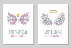 Plantillas de tarjeta de feliz cumpleaños pequeña hada y ángel. amplias alas extendidas con halo dorado y varita mágica. dibujo de contorno en estilo de línea moderna con volumen. ilustración vectorial aislado en blanco. vector