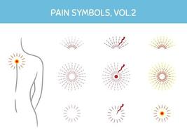 conjunto de marcadores de dolor para ilustraciones, diseños temáticos médicos y sanitarios. íconos variados que muestran el foco del dolor, los puntos gatillo y las áreas dolorosas del cuerpo. elementos vectoriales, aislados en blanco. vector