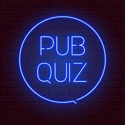 Pub quiz announcement poster, vintage styled neon glowing letters shining on dark brick background. Questions team game for intelligent people.Vector illustration, glowing electric sign in retro style
