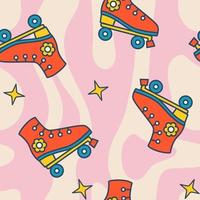 Vector seamless pattern with roller skates and stars.  Groovy pattern with retro roller skates. Psychedelic pattern. Background for wrapping and clothing.