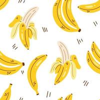 Cute pattern with yellow bananas on white background. Banana seamless pattern. Peeled banana and banana bunch. Tropical fruit. vector