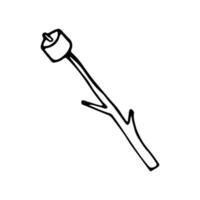 Hand drawn doodle marshmallow on branch. Frying on the fire. Vector camping clipart.