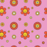 Vector retro floral pattern. Seamless patterin with flowers on pink background. Groovy pattern for children. Cute.